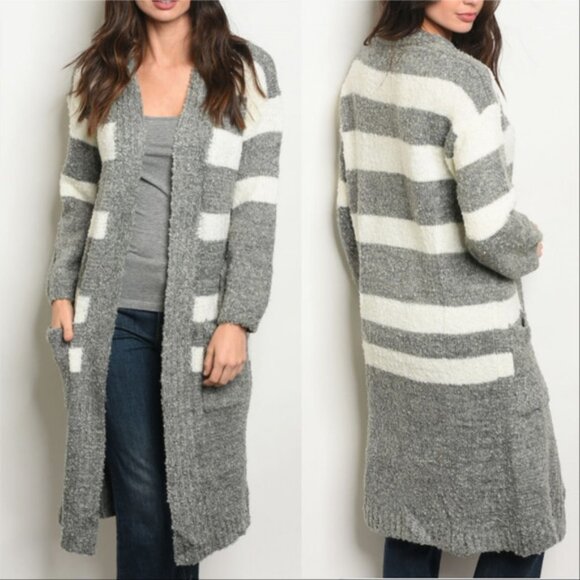 GRAY WITH IVORY STRIPES CARDIGAN - Picture 4 of 5
